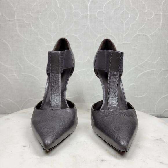 Elizabeth & James Stiletto Heels Womens 8 Gray Leather T-Strap Metal Spike Heel - Picture 5 of 16